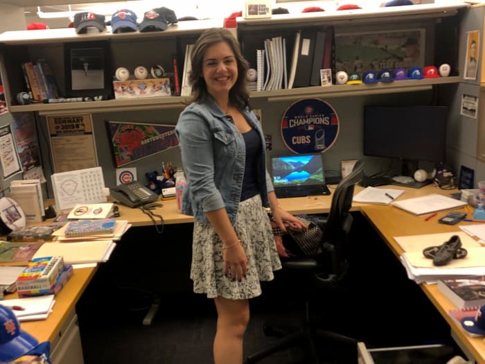 Katie Krall at her desk at the old MLB office at 245 Park Ave in Manhattan.